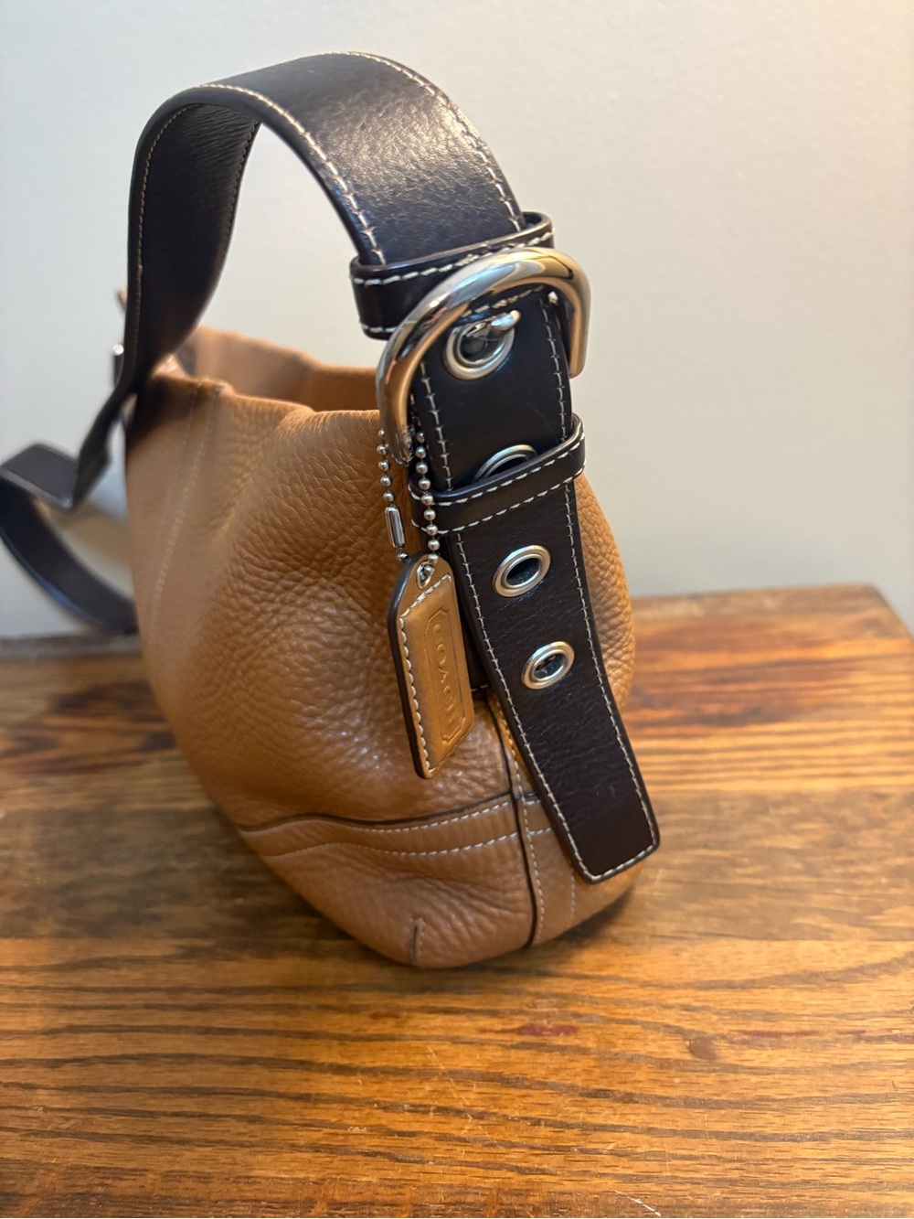 Coach Brown Pebble Leather Shoulder Bag with Dark Brown Strap